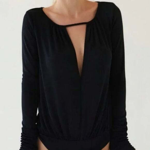 Intimately Free People Black Deep V Sexy Long Sleeve Bodysuit Kaya Minimalist M - Picture 1 of 13